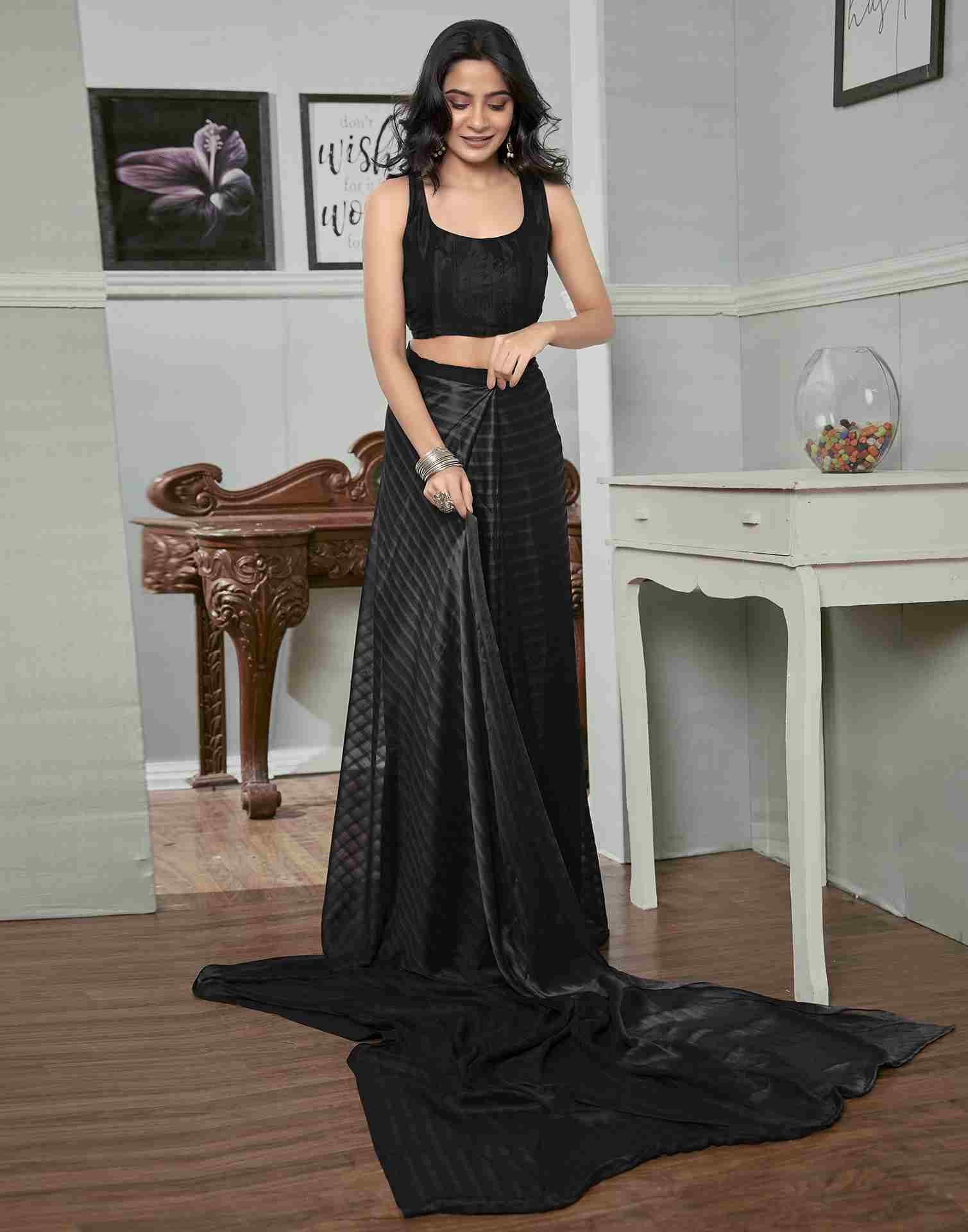 Ready To Wear Black Georgette Plain Saree