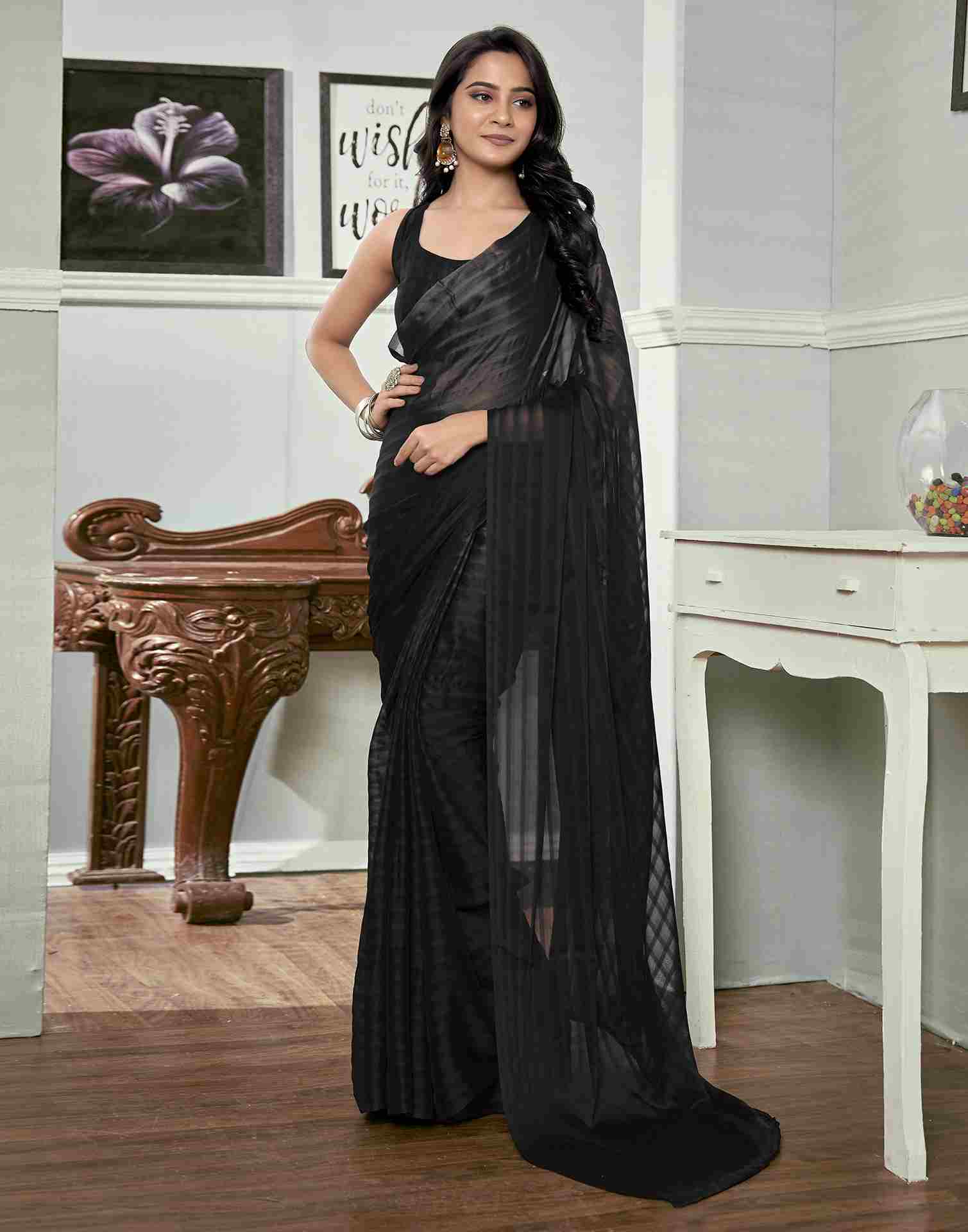 Ready To Wear Black Georgette Plain Saree