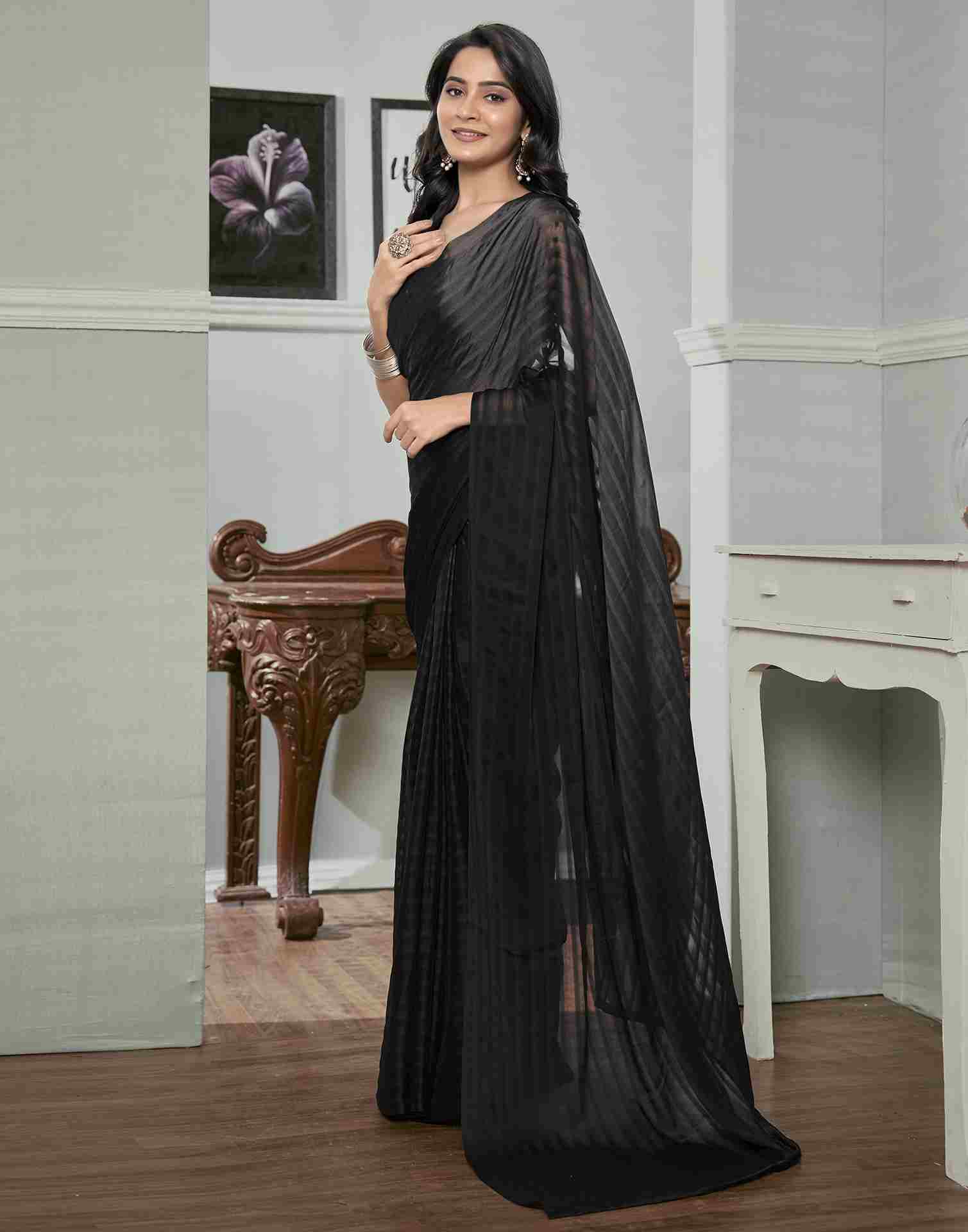 Ready To Wear Black Georgette Plain Saree