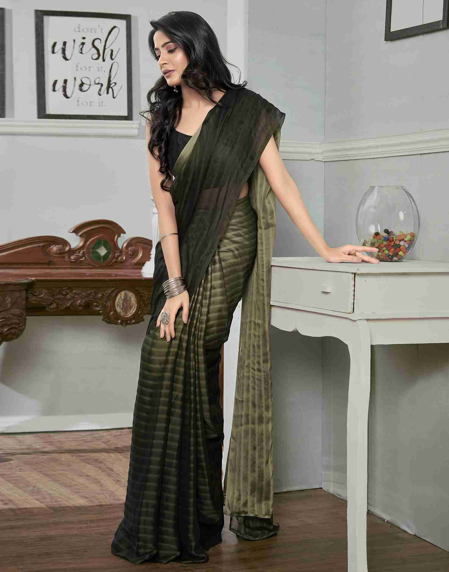 Ready To Wear Army Green Georgette Plain Saree