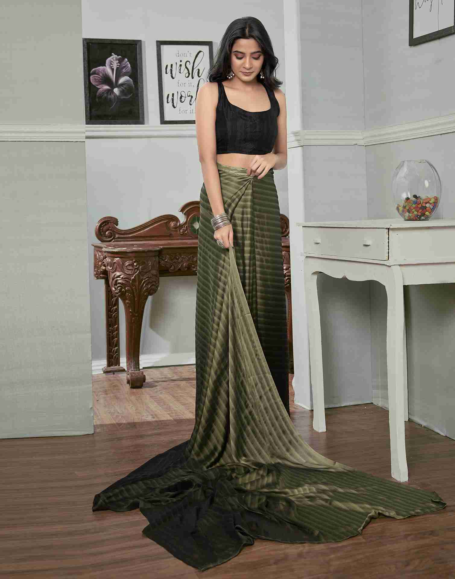 Ready To Wear Army Green Georgette Plain Saree