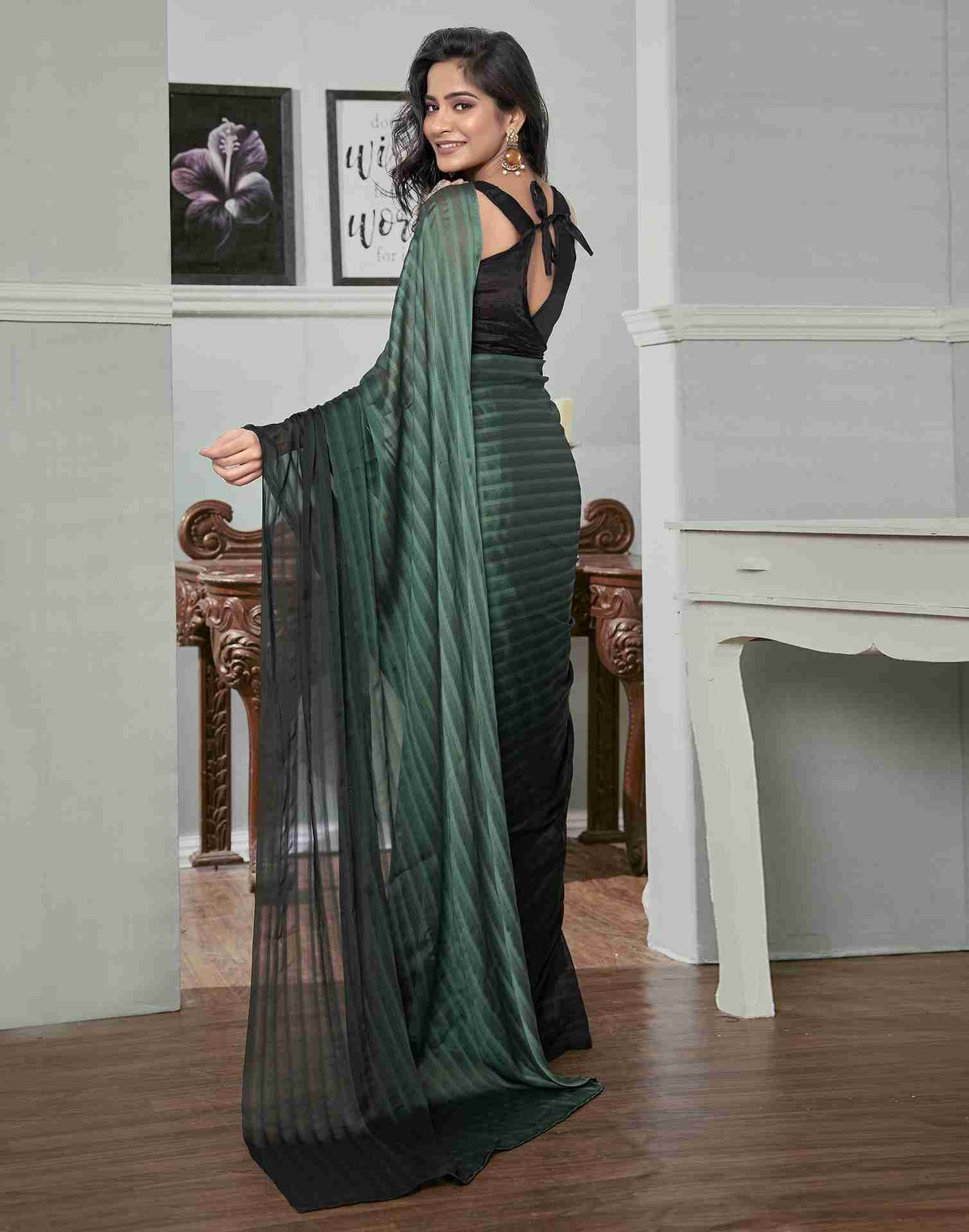 Ready To Wear Dark Green Georgette Plain Saree