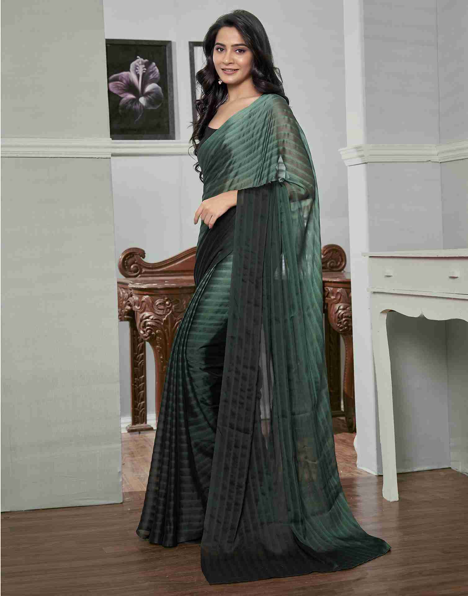 Ready To Wear Dark Green Georgette Plain Saree