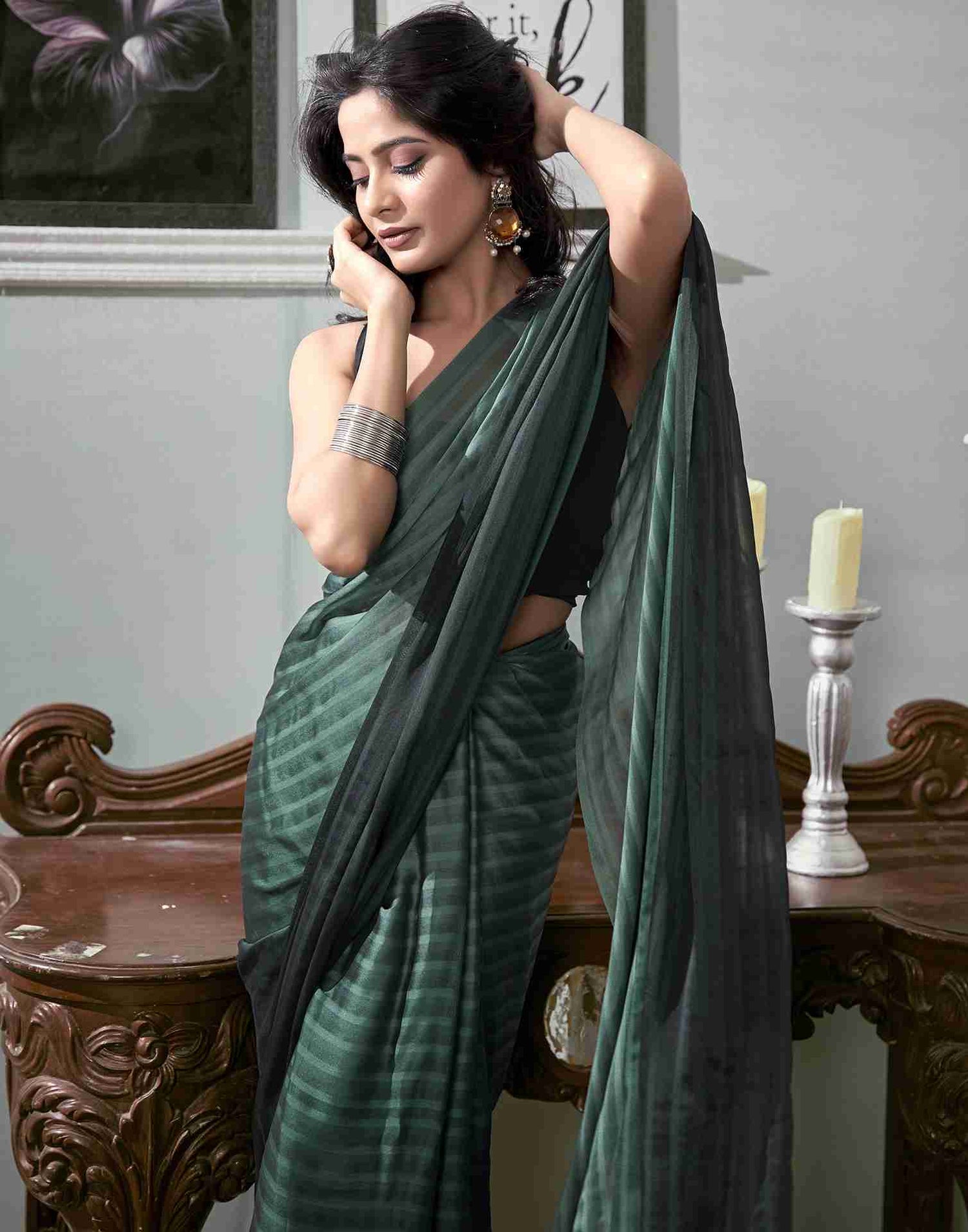 Ready To Wear Dark Green Georgette Plain Saree