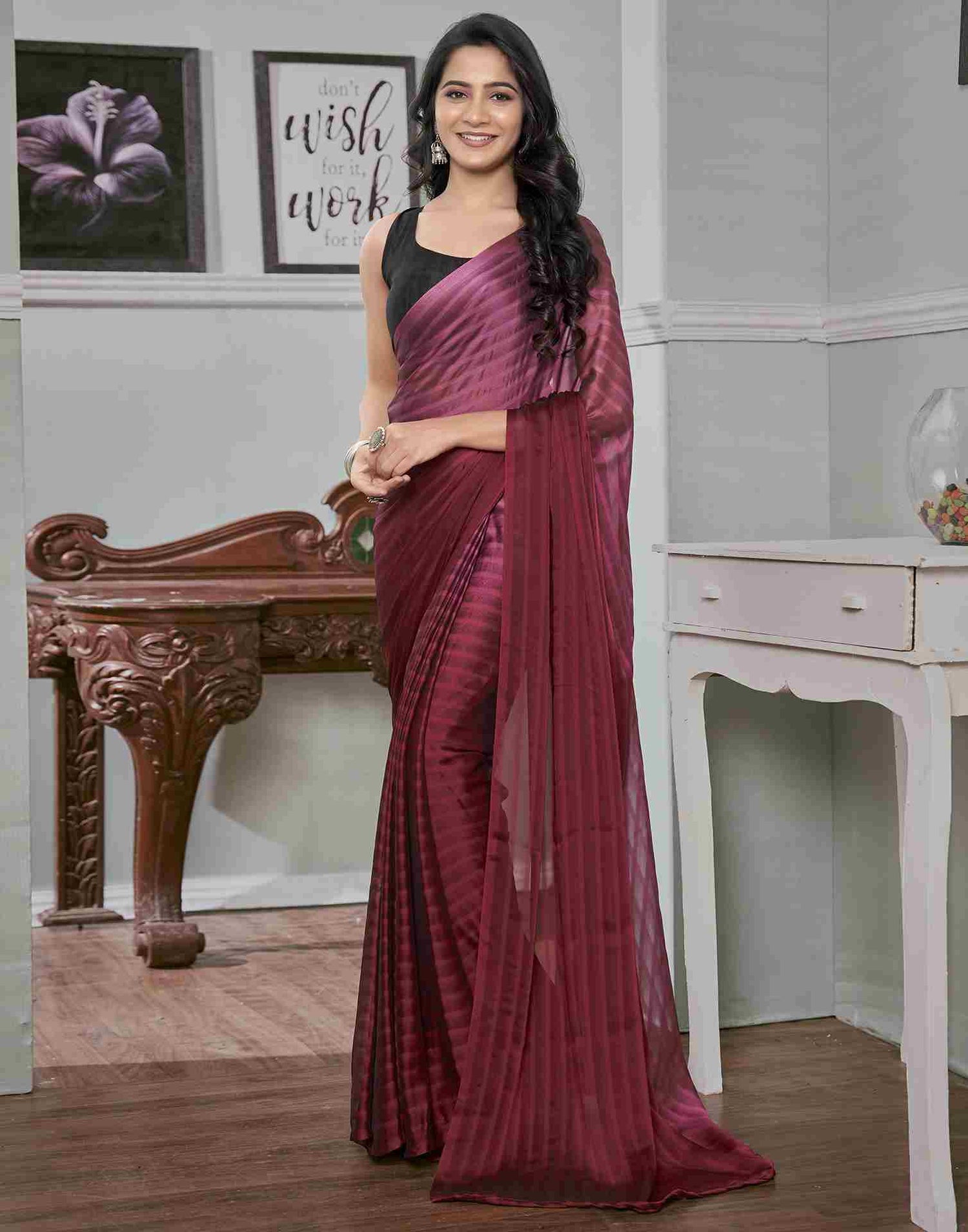 Ready To Wear Maroon Georgette Plain Saree