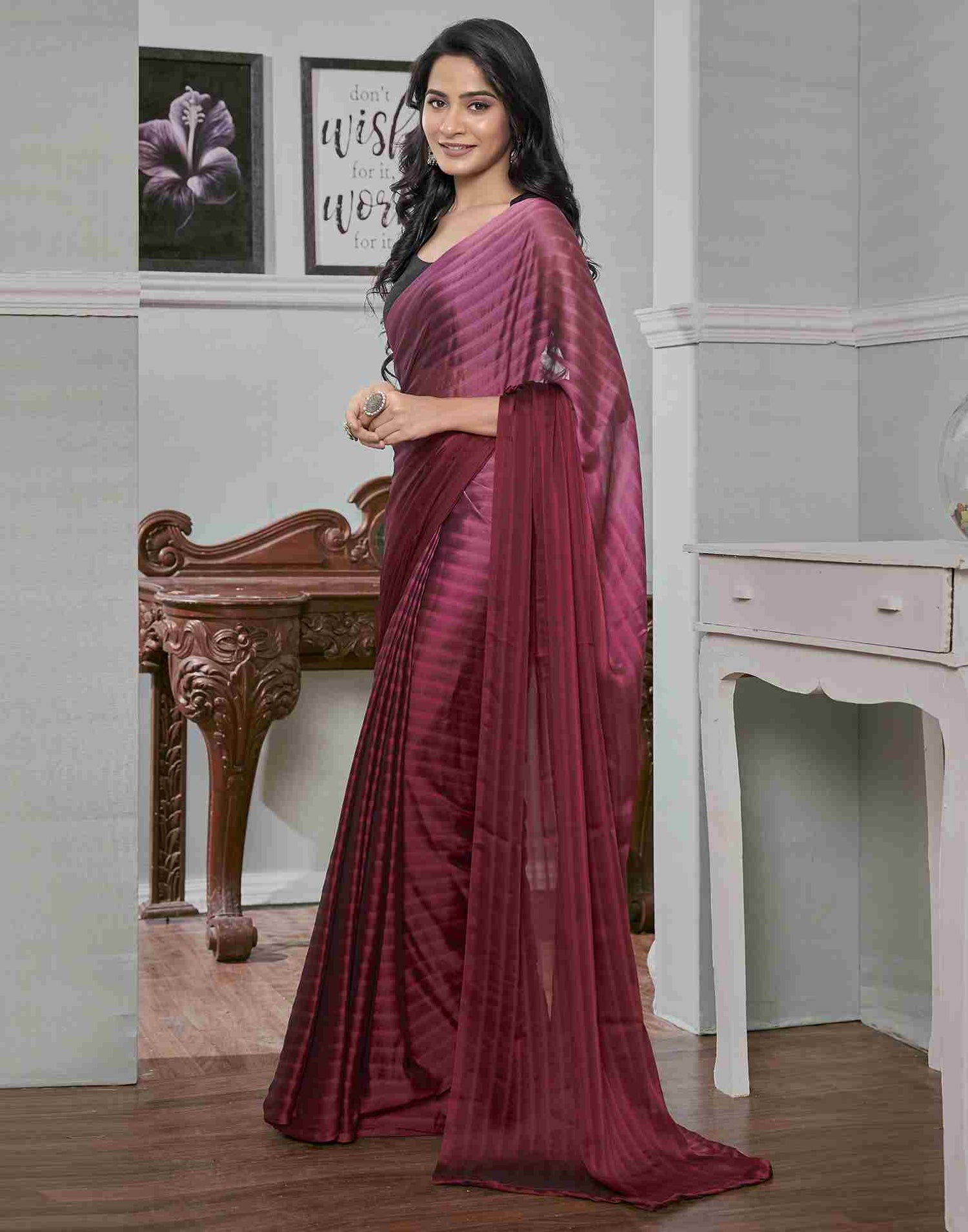 Ready To Wear Maroon Georgette Plain Saree