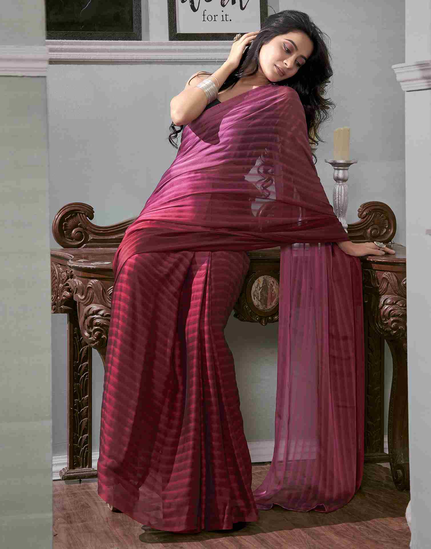 Ready To Wear Maroon Georgette Plain Saree