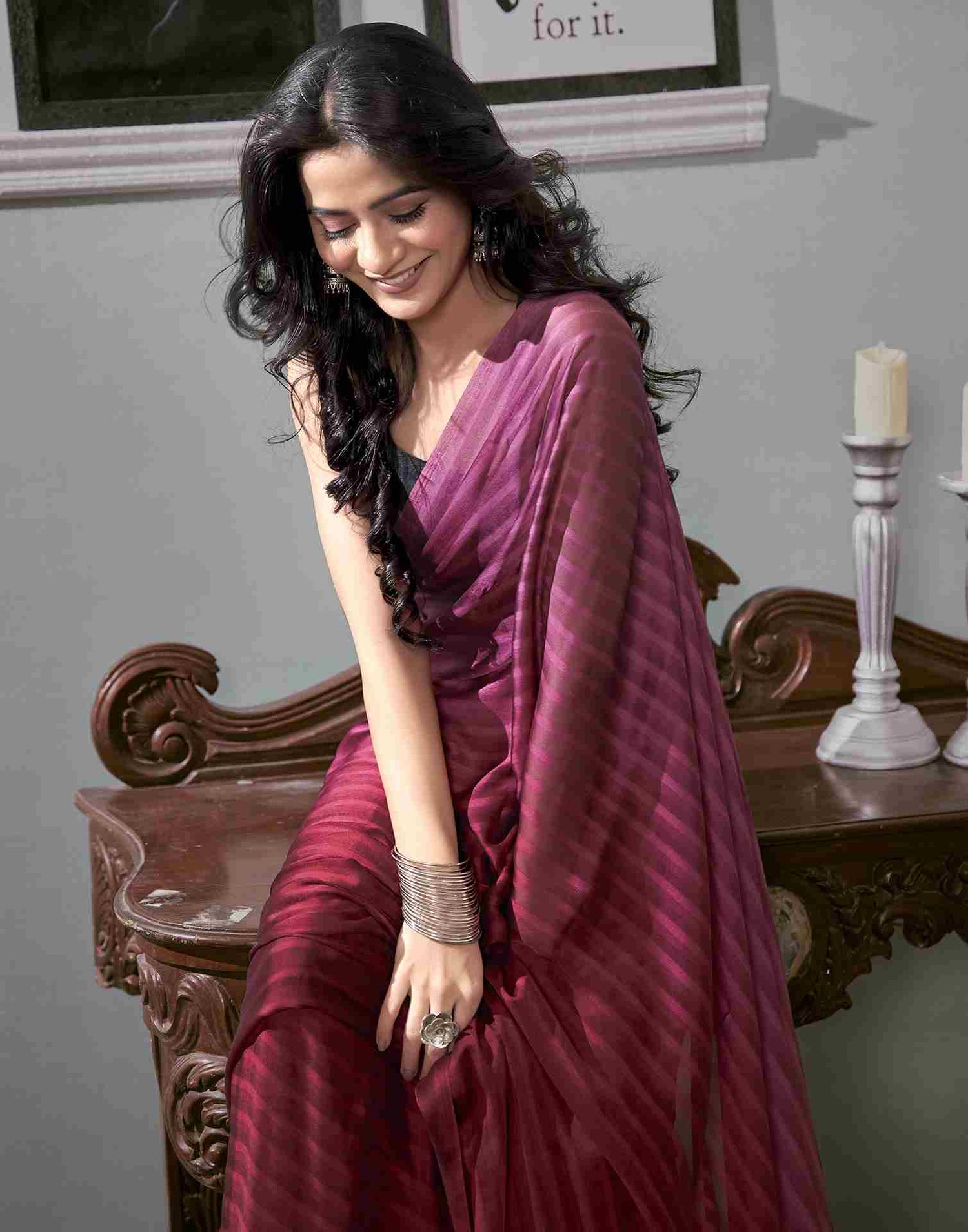 Ready To Wear Maroon Georgette Plain Saree