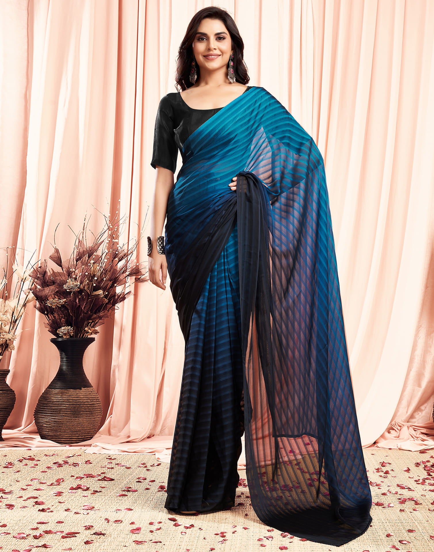 Ready To Wear Sea Blue Georgette Plain Saree