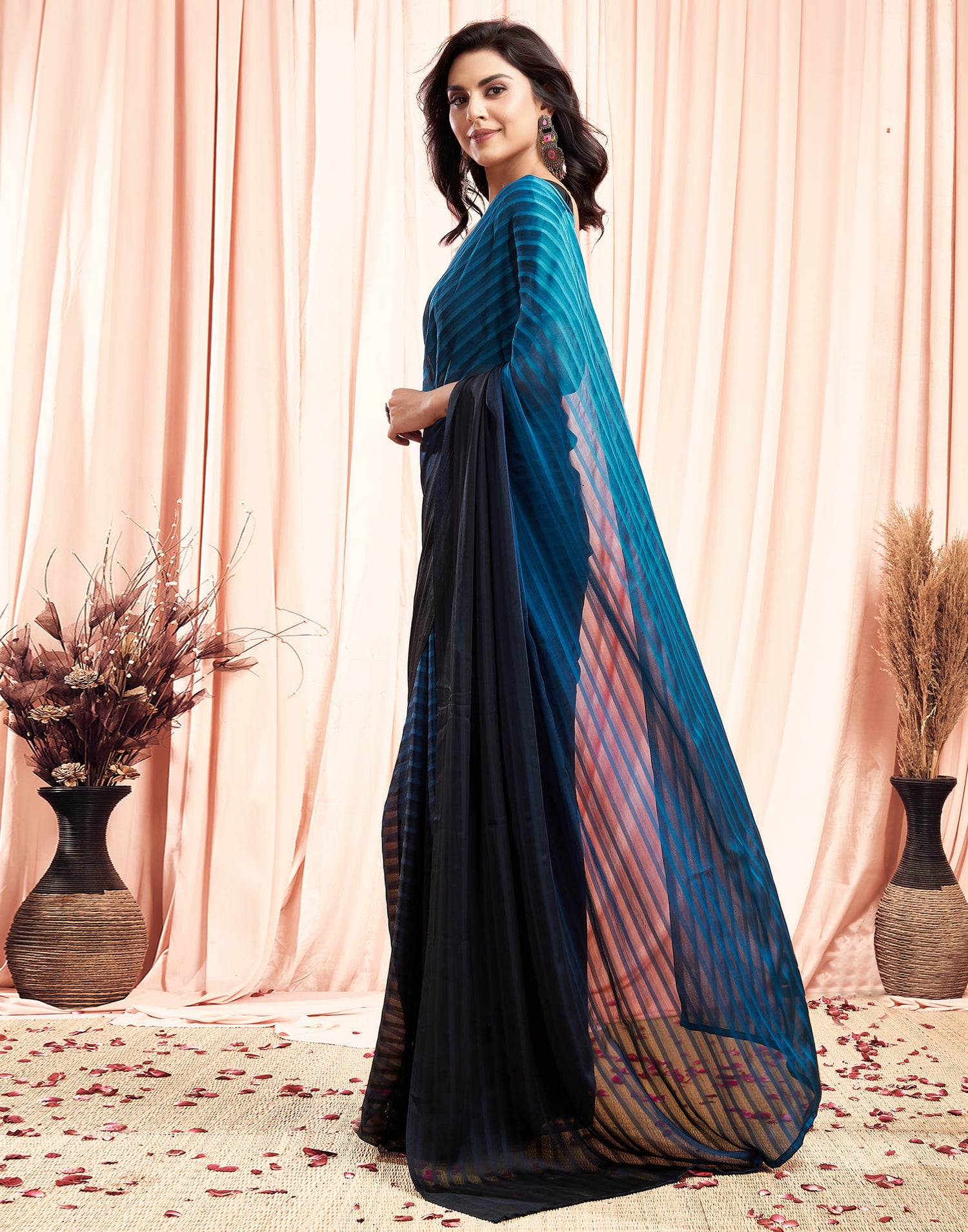 Ready To Wear Sea Blue Georgette Plain Saree