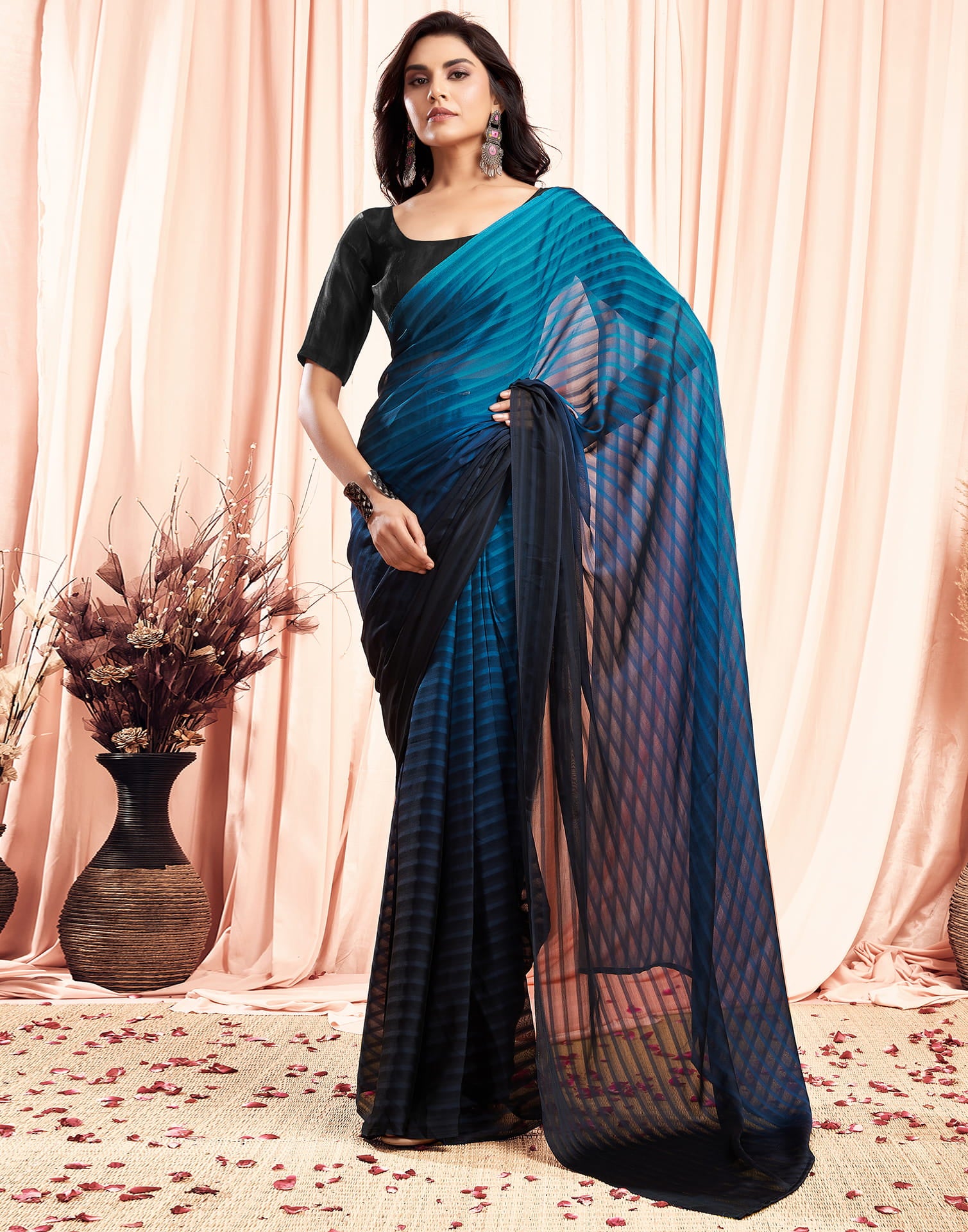 Ready To Wear Sea Blue Georgette Plain Saree