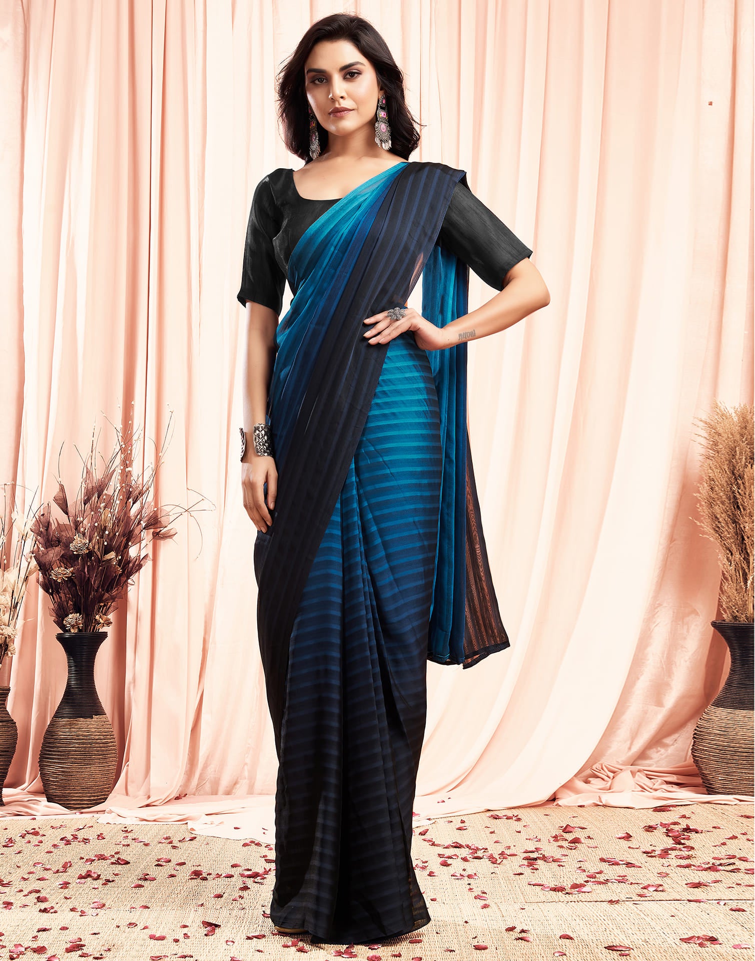 Ready To Wear Sea Blue Georgette Plain Saree