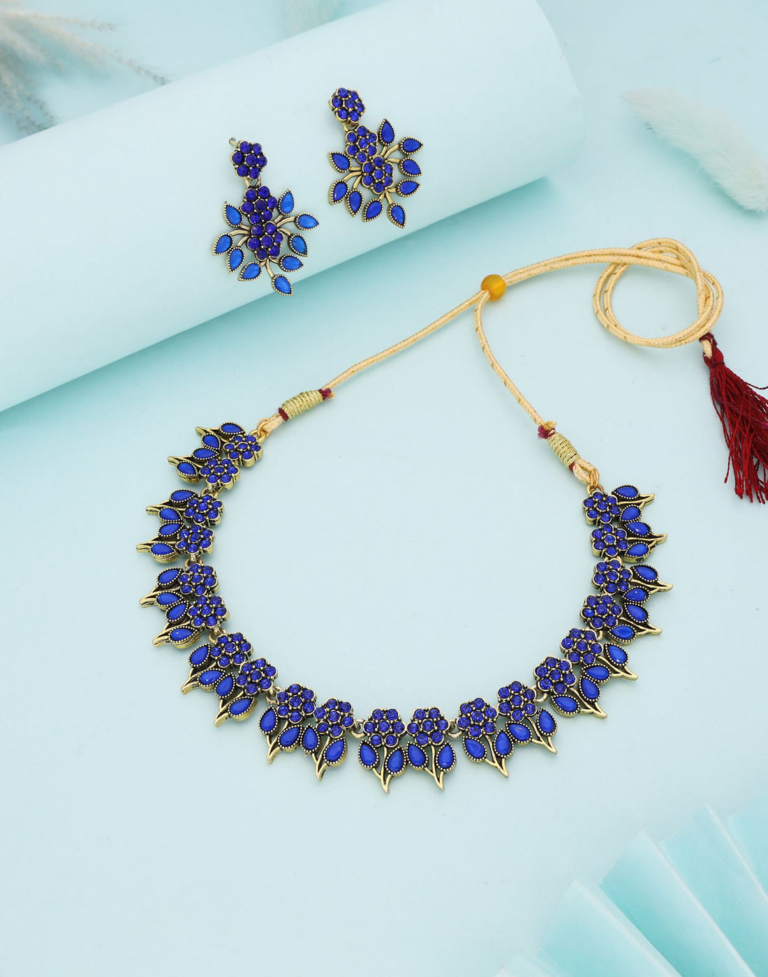 Blue Gold Choker Necklace Set With Dangle Earring