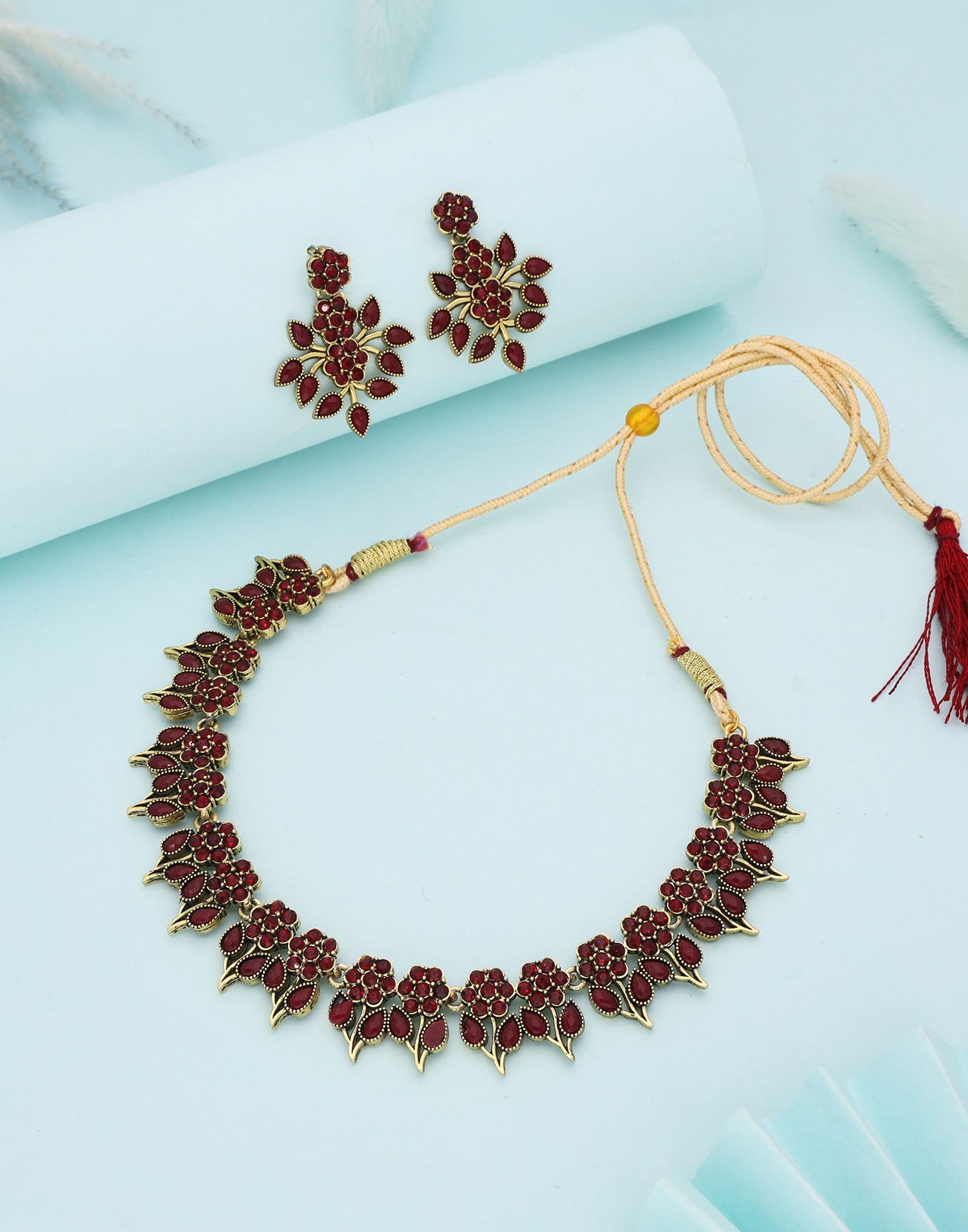 Maroon Gold Choker Necklace Set With Dangle Earring