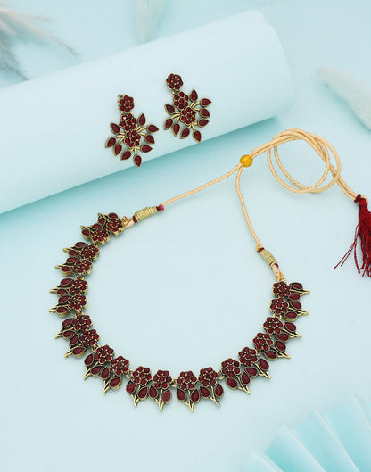 Maroon Gold Choker Necklace Set With Dangle Earring