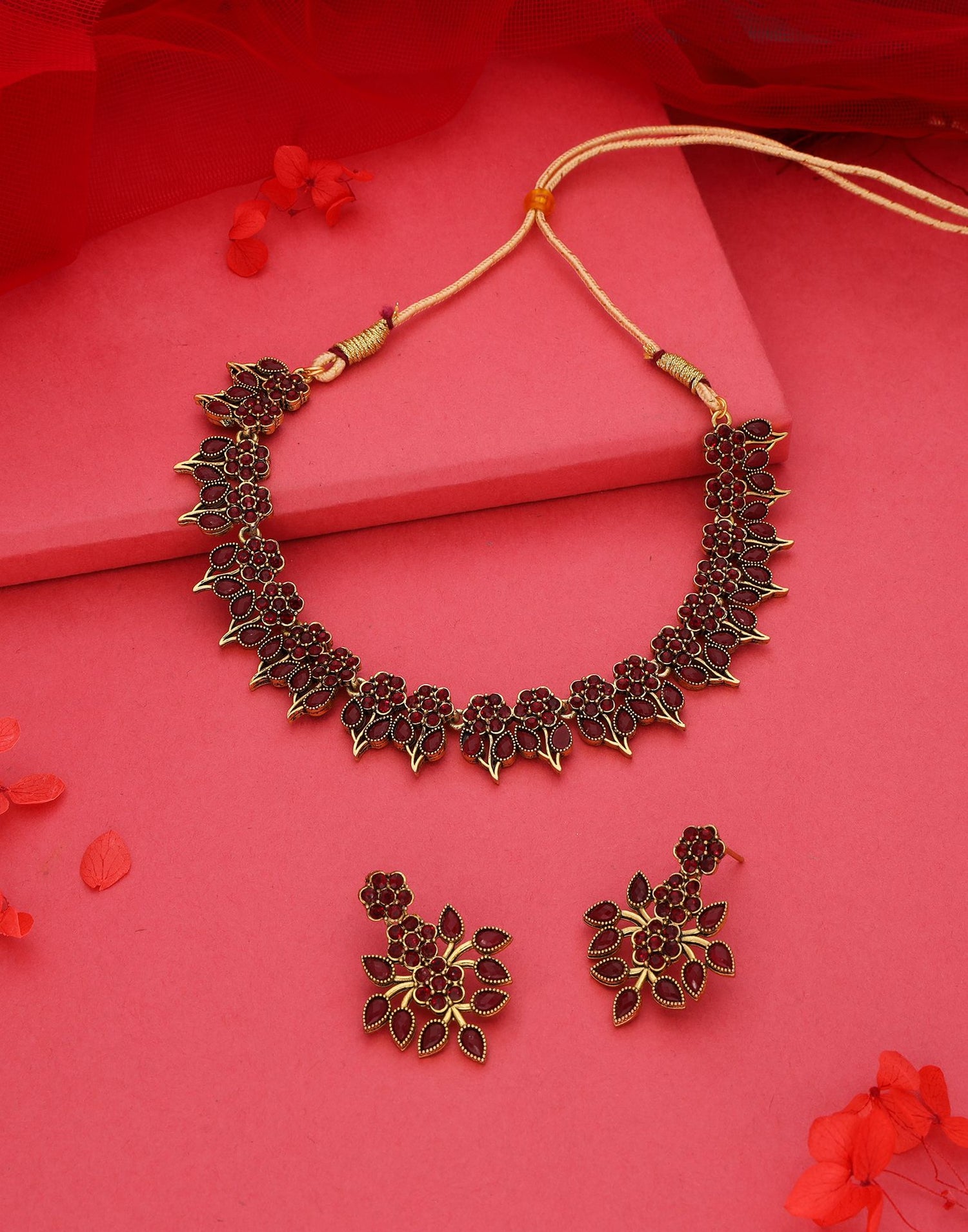 Maroon Gold Choker Necklace Set With Dangle Earring