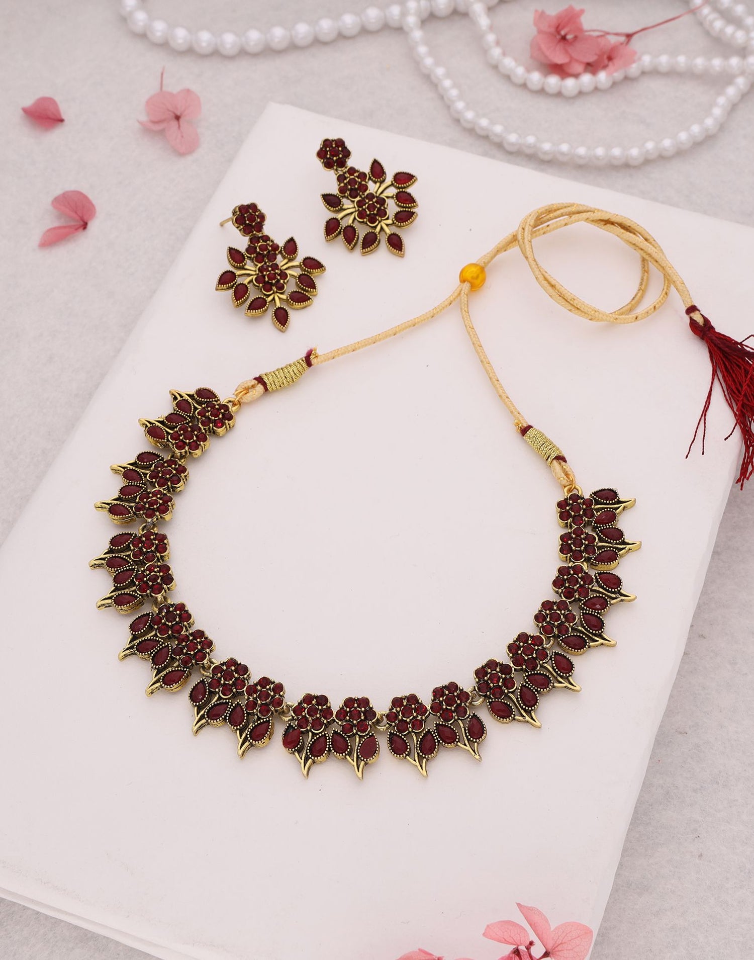 Maroon Gold Choker Necklace Set With Dangle Earring