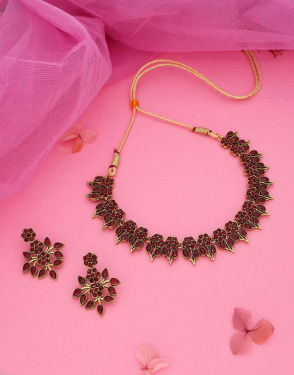 Maroon Gold Choker Necklace Set With Dangle Earring