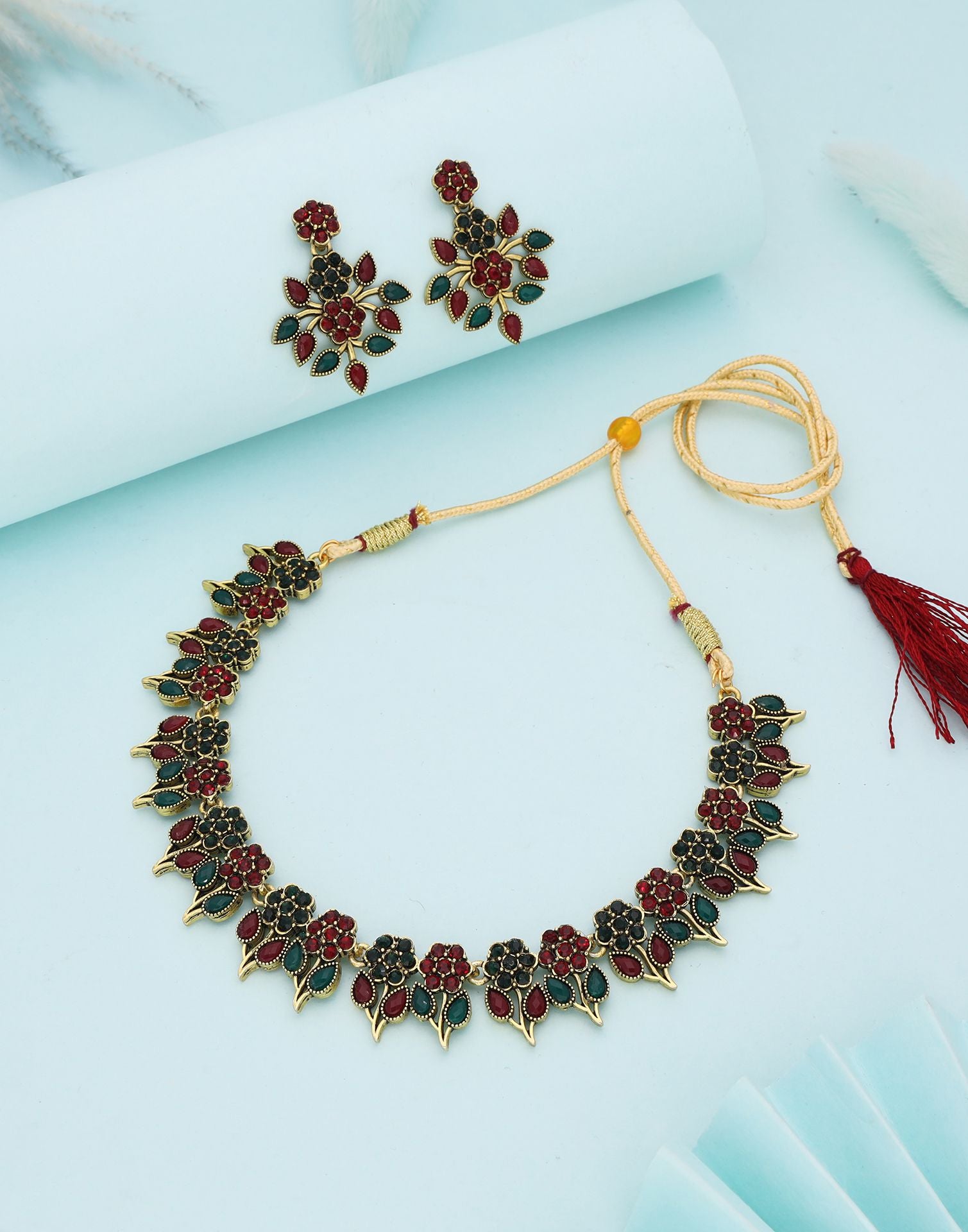 Maroon Gold Choker Necklace Set With Dangle Earring