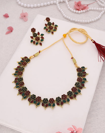 Maroon Gold Choker Necklace Set With Dangle Earring