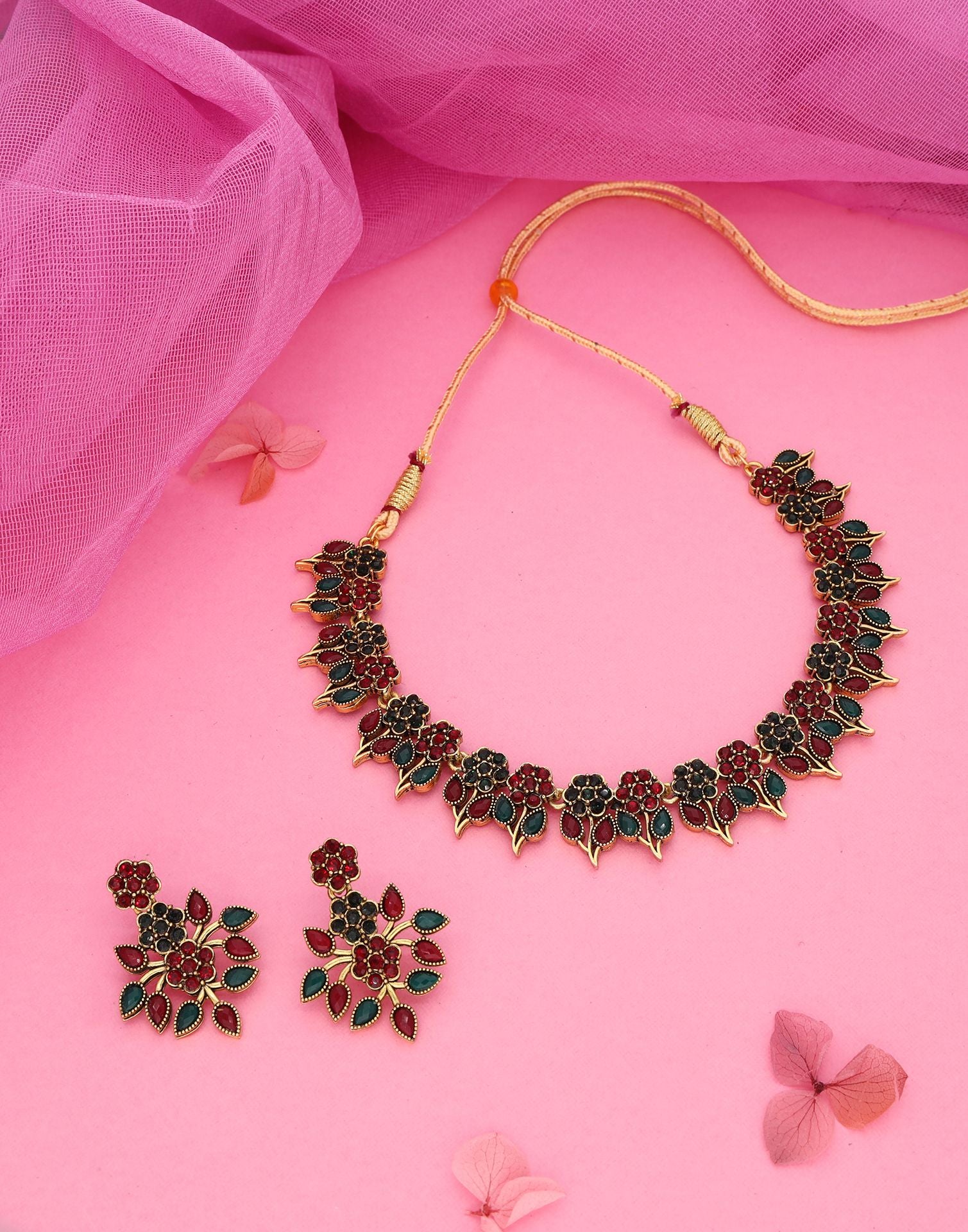 Maroon Gold Choker Necklace Set With Dangle Earring