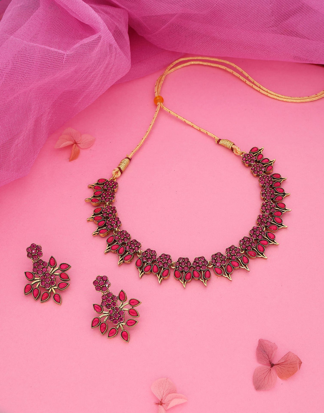 Pink Gold Choker Necklace Set With Dangle Earring