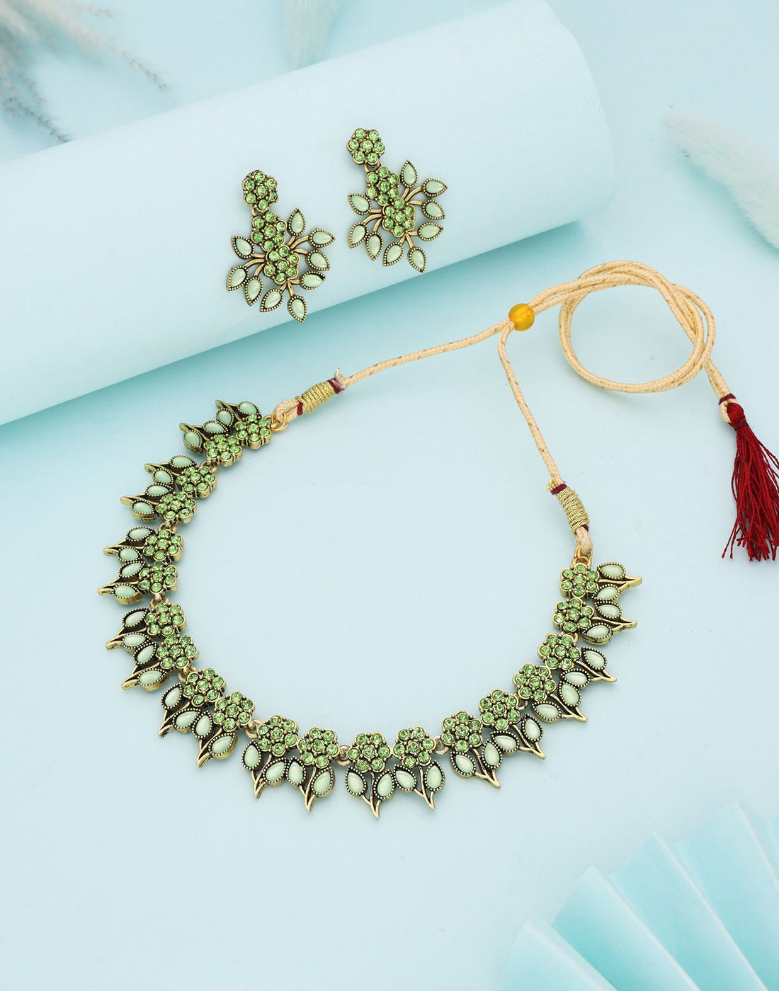 Green Gold Choker Necklace Set With Dangle Earring