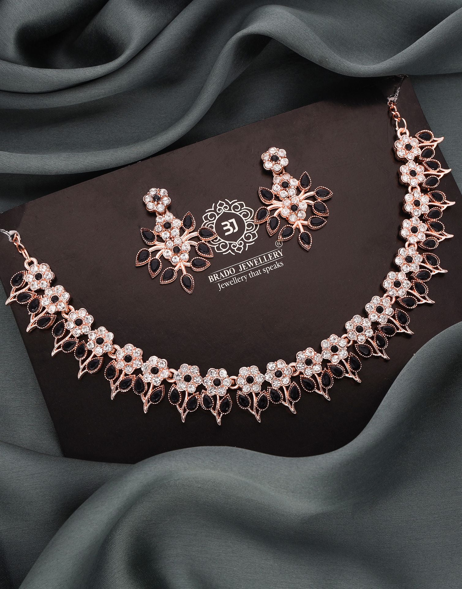 Black Rose Gold Choker Necklace Set With Dangle Earring