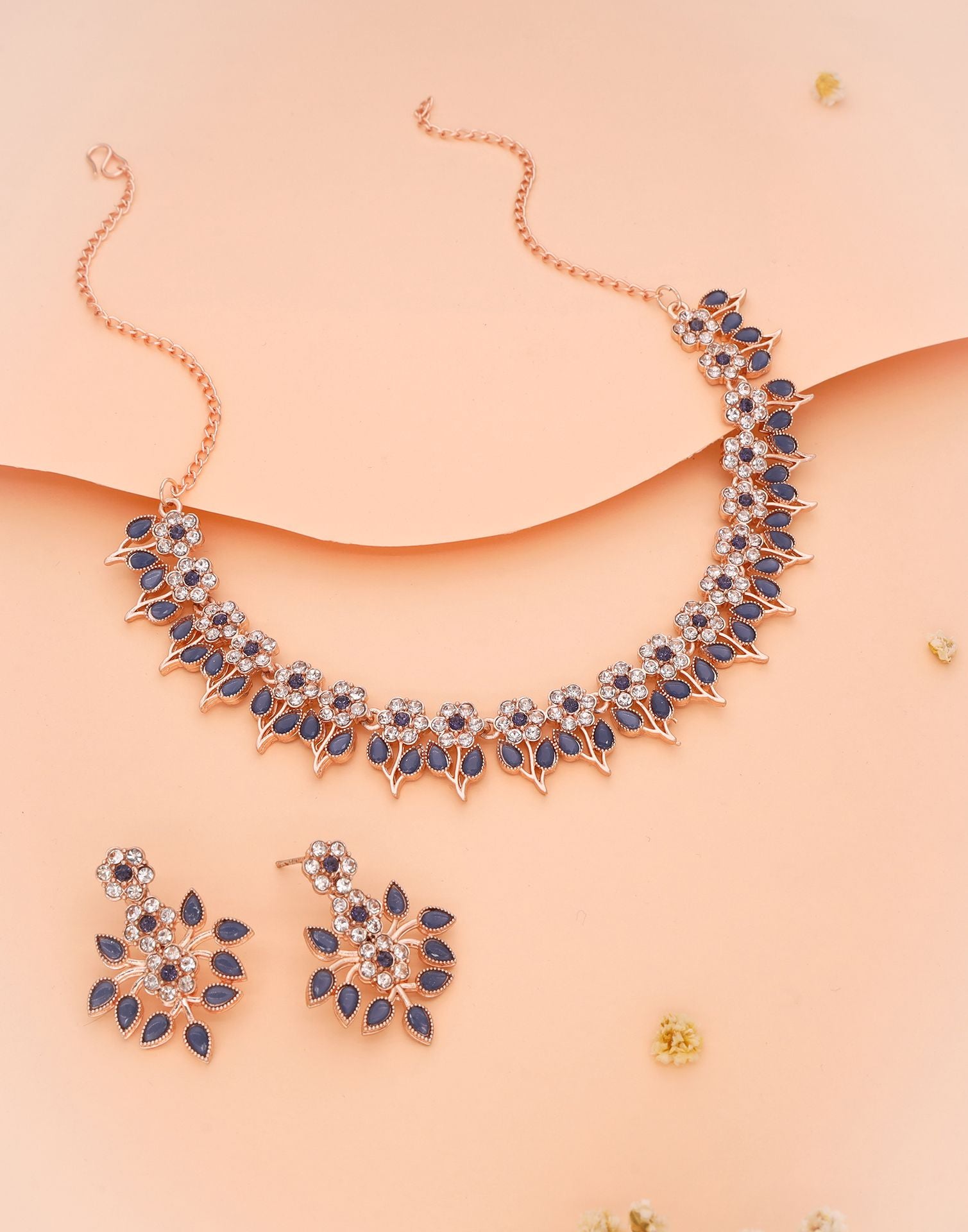 Blue Rose Gold Choker Necklace Set With Dangle Earring