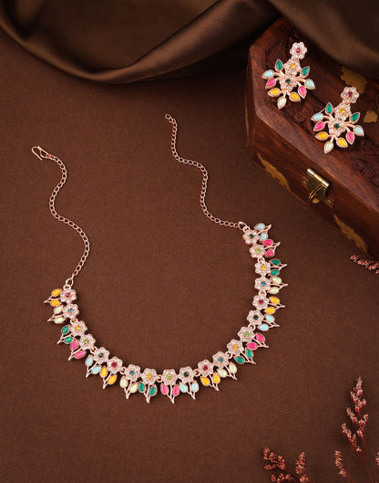 Multicolor Rose Gold Choker Necklace Set With Dangle Earring