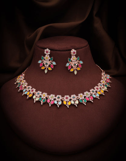 Multicolor Rose Gold Choker Necklace Set With Dangle Earring