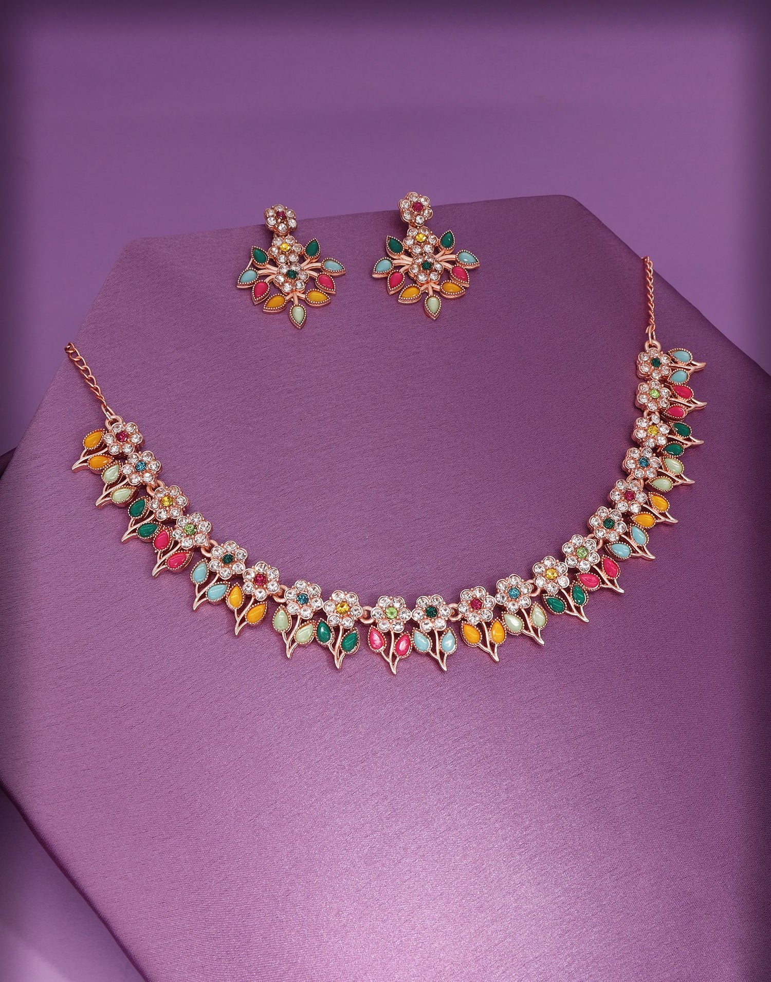 Multicolor Rose Gold Choker Necklace Set With Dangle Earring