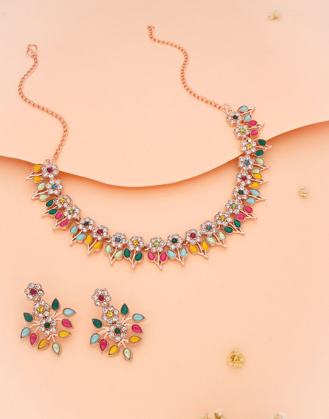 Multicolor Rose Gold Choker Necklace Set With Dangle Earring