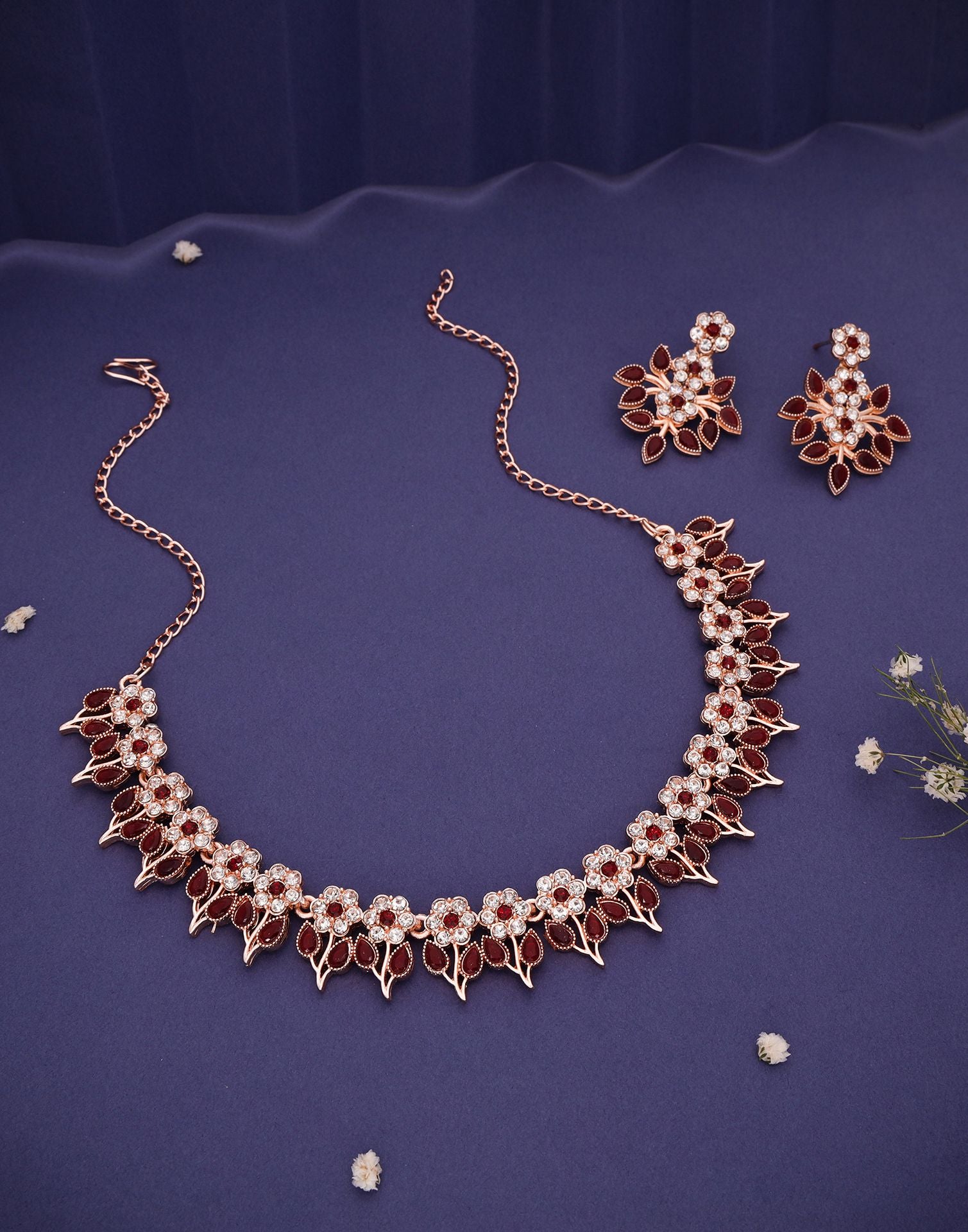 Maroon Rose Gold Choker Necklace Set With Dangle Earring