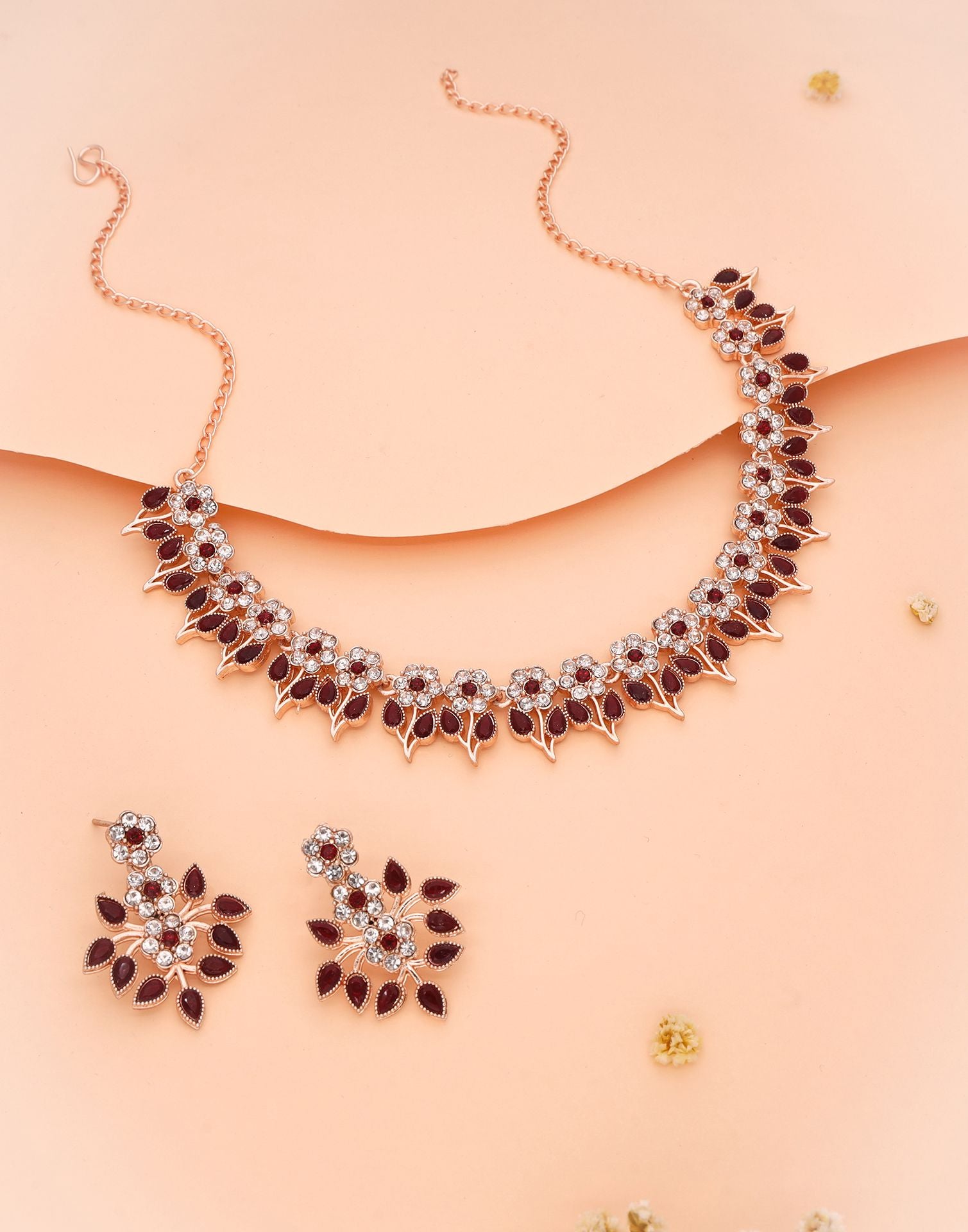 Maroon Rose Gold Choker Necklace Set With Dangle Earring