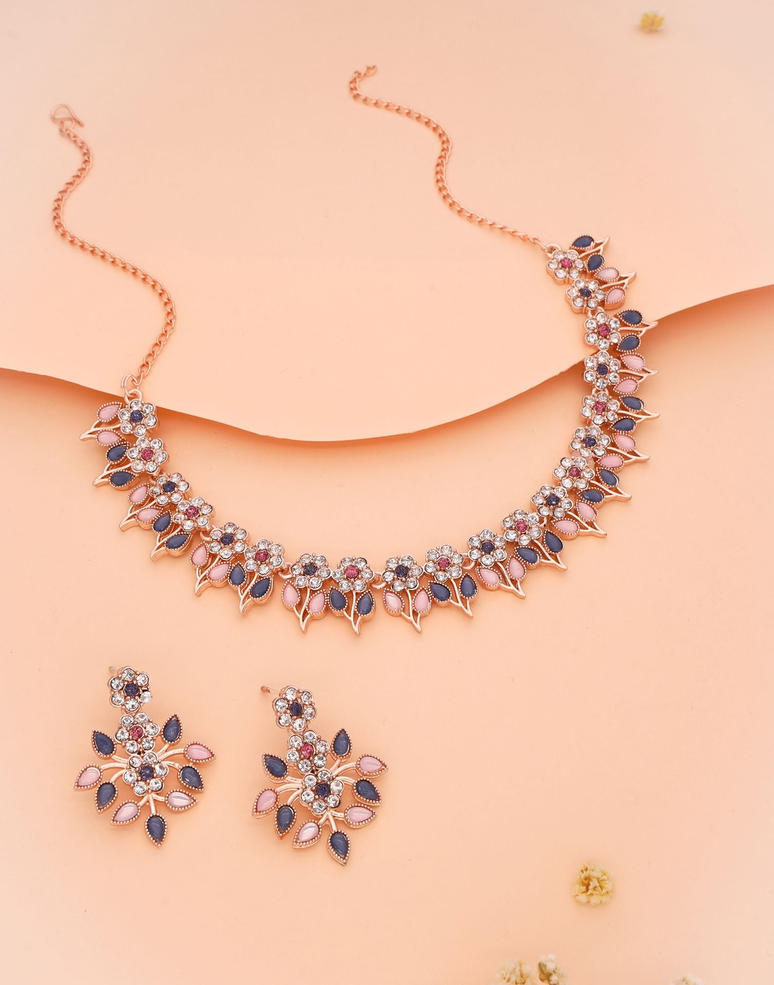 Blue Rose Gold Choker Necklace Set With Dangle Earring