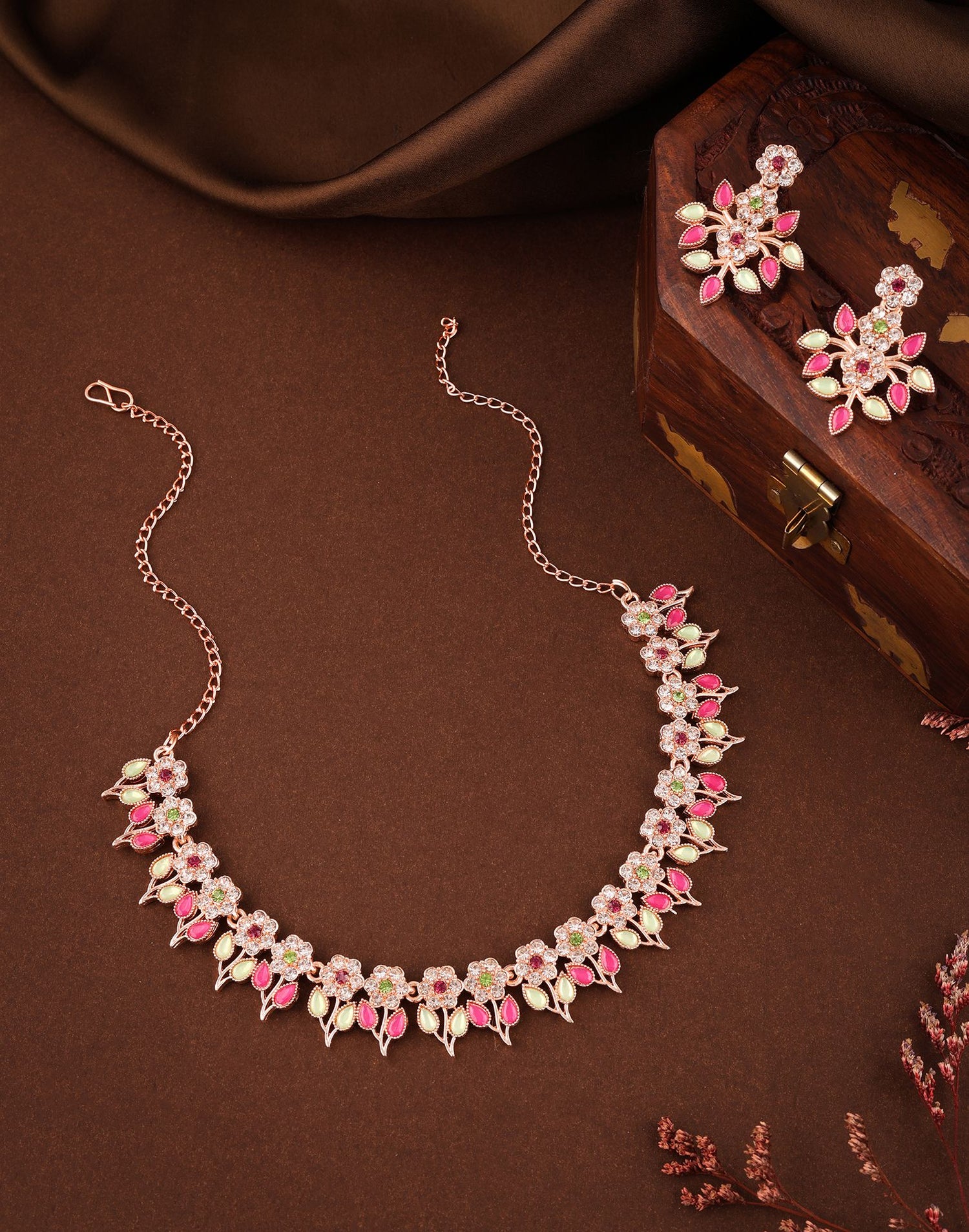 Pink Rose Gold Choker Necklace Set With Dangle Earring