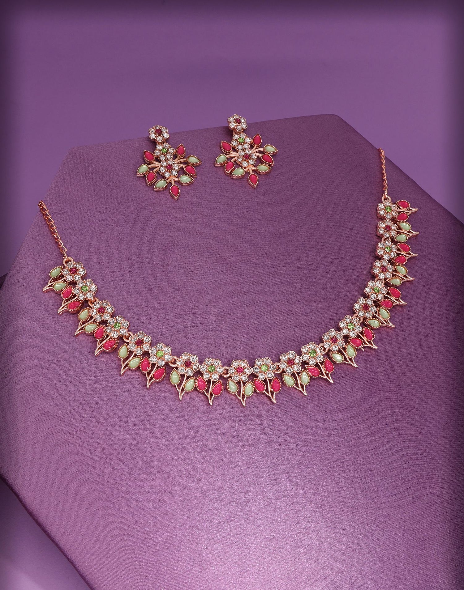 Pink Rose Gold Choker Necklace Set With Dangle Earring