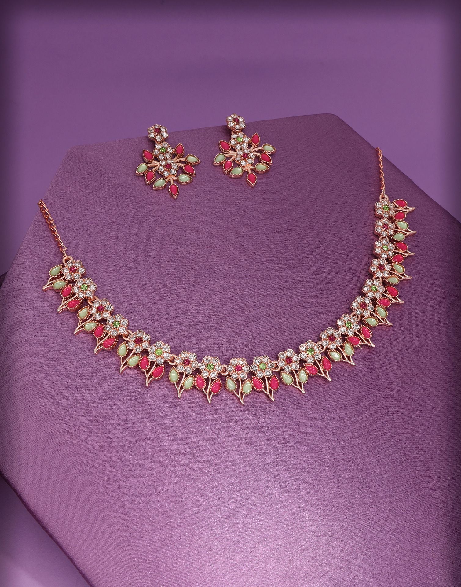 Pink Rose Gold Choker Necklace Set With Dangle Earring