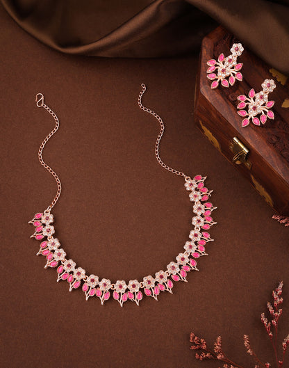 Pink Rose Gold Choker Necklace Set With Dangle Earring