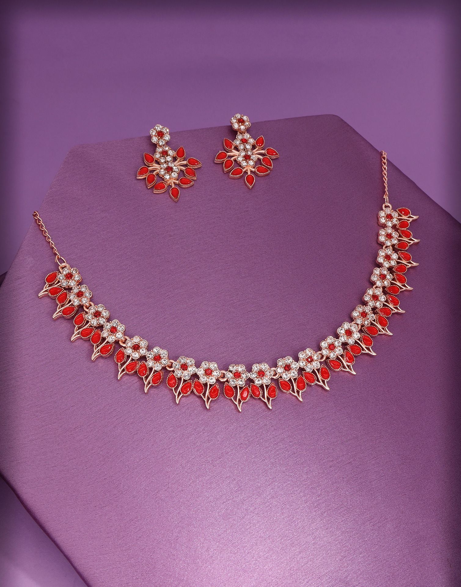 Red Rose Gold Choker Necklace Set With Dangle Earring