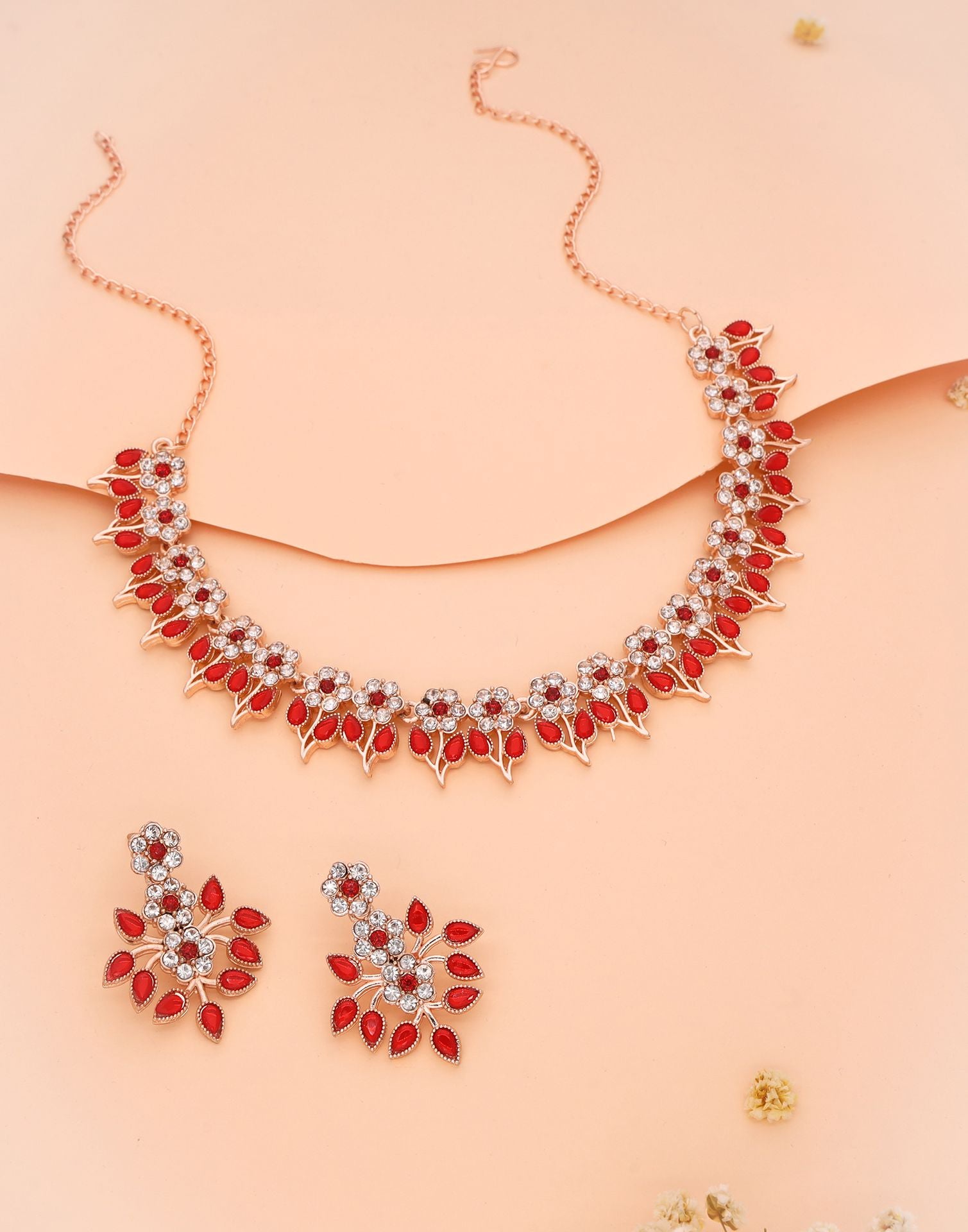 Red Rose Gold Choker Necklace Set With Dangle Earring