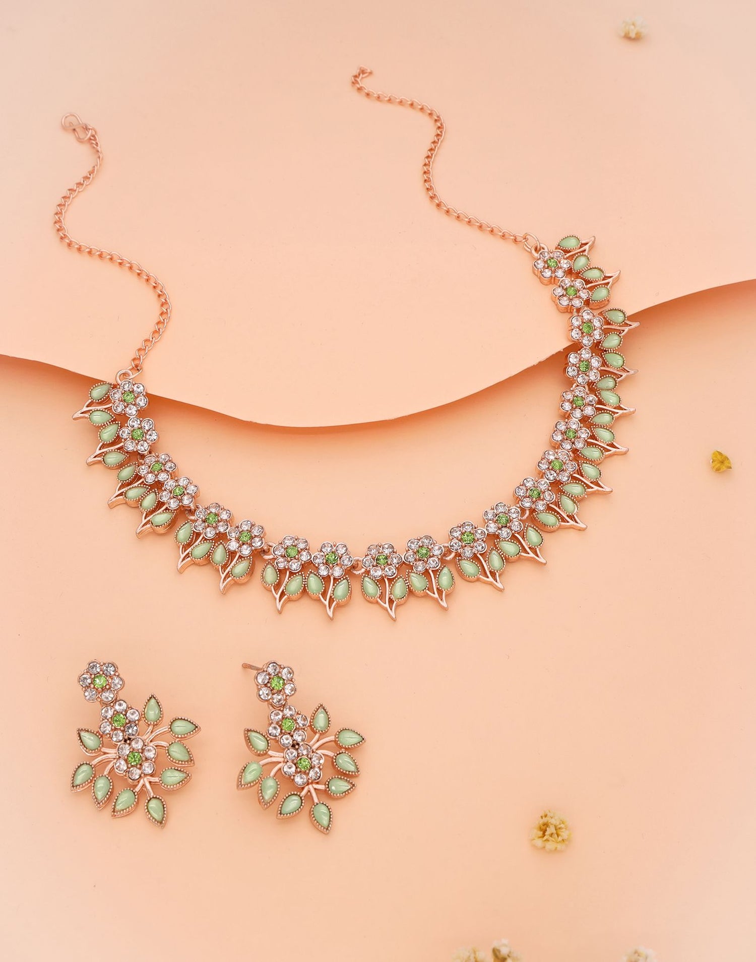 Green Rose Gold Choker Necklace Set With Dangle Earring