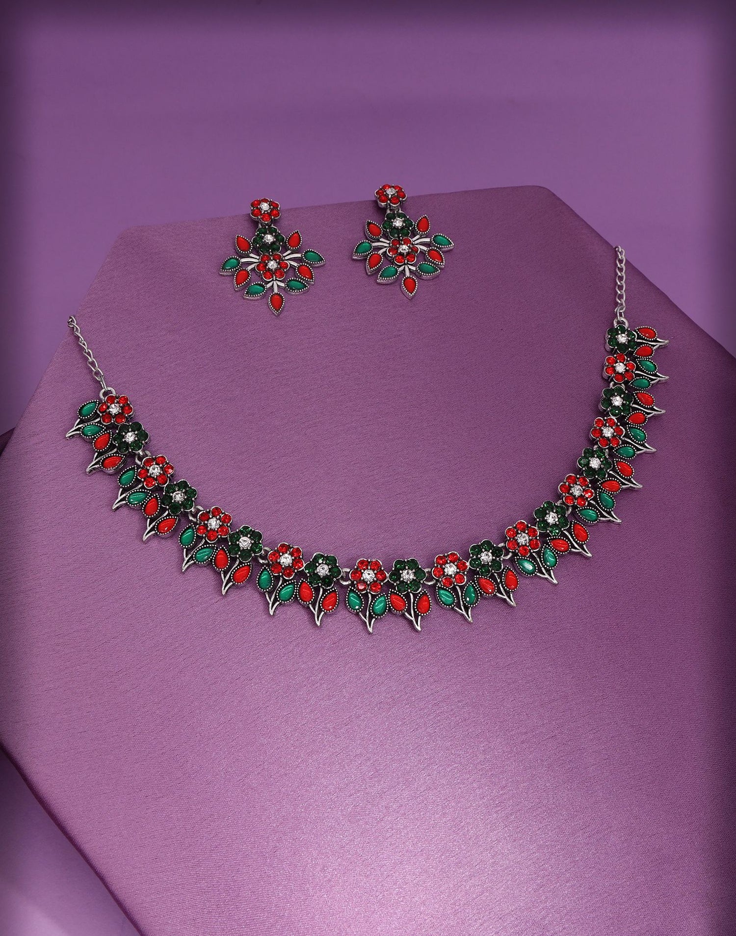 Red Silver Choker Necklace Set With Dangle Earring