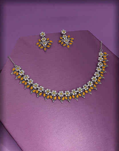 Yellow Silver Choker Necklace Set With Dangle Earring