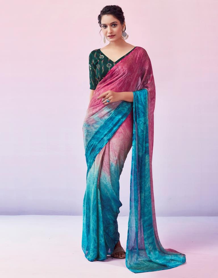 Ready to Wear Blue Chiffon Printed Saree