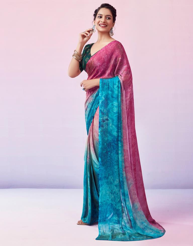 Ready to Wear Blue Chiffon Printed Saree