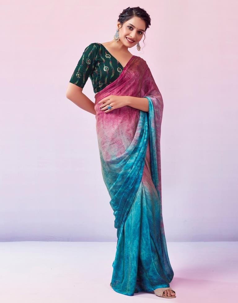 Ready to Wear Blue Chiffon Printed Saree