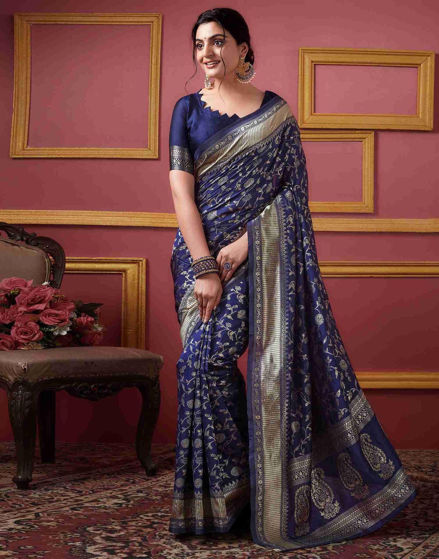 Navy Blue Floral Banarasi Silk Saree