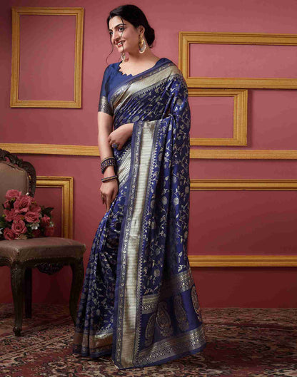 Navy Blue Floral Banarasi Silk Saree